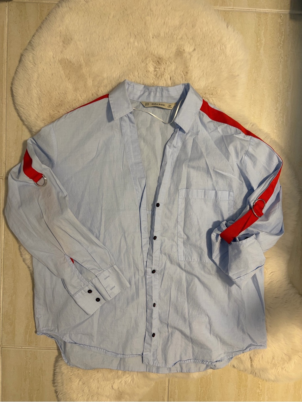 Zara Light Blue Button-Down Shirt with Red Shoulder Stripes - XS